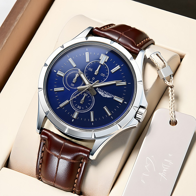 Leather Watch Band Men - Herren Chronograph Quarzuhr, Blaues Zifferblatt Braunes
