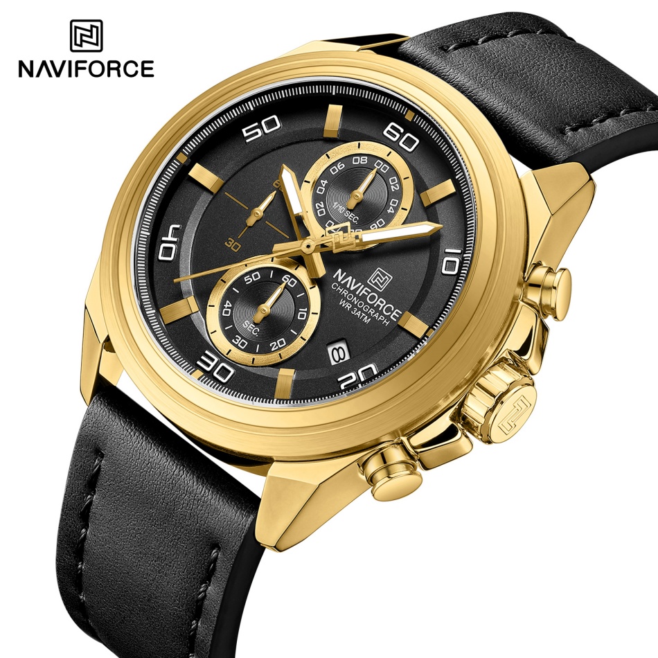 Leather Watch Band Men - NAVIFORCE Zeiger-Armbanduhren, echtes Lederarmband, Legierungsgehäuse, Freizeituhren,