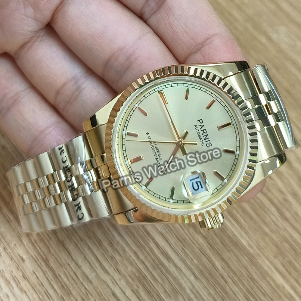 Parnis 36 mm goldfarbene Autom – Rolex Watch Datejust Bewertung und Preis