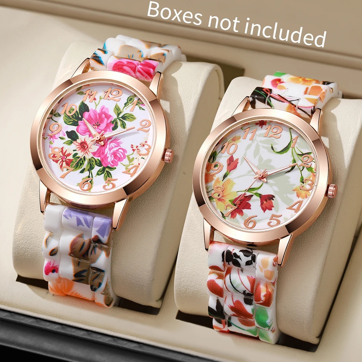 2PCS Mode Blumenmuster Damenuh – Silicone Band Women Bewertung und Preis